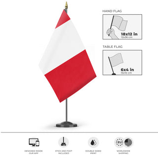 A mockup of the custom flag 'Flag of Peru flag' as a desk flag and small hand waving flag