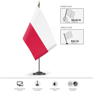 A mockup of the custom flag 'Flag of Poland flag' as a desk flag and small hand waving flag