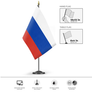 A mockup of the custom flag 'Flag of Russia flag' as a desk flag and small hand waving flag