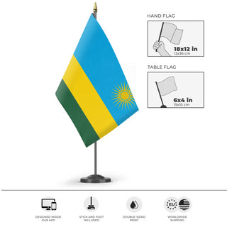 A mockup of the custom flag 'Flag of Rwanda flag' as a desk flag and small hand waving flag