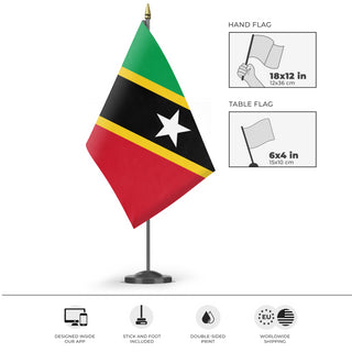 A mockup of the custom flag 'Flag of Saint Kitts and Nevis flag' as a desk flag and small hand waving flag