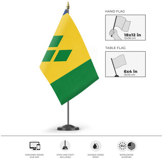 A mockup of the custom flag 'Flag of Saint Vincent and the Grenadines flag' as a desk flag and small hand waving flag