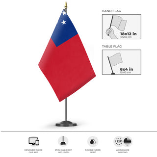 A mockup of the custom flag 'Flag of Samoa flag' as a desk flag and small hand waving flag