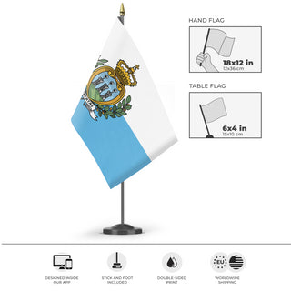 A mockup of the custom flag 'Flag of San Marino flag' as a desk flag and small hand waving flag