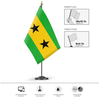 A mockup of the custom flag 'Flag of Sao Tome and Principe flag' as a desk flag and small hand waving flag