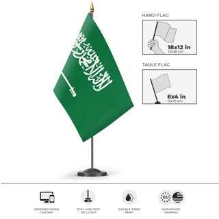 A mockup of the custom flag 'Flag of Saudi Arabia flag' as a desk flag and small hand waving flag