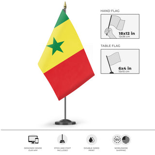 A mockup of the custom flag 'Flag of Senegal flag' as a desk flag and small hand waving flag