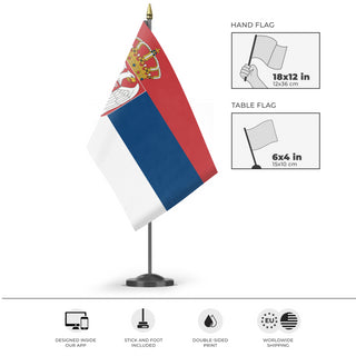 A mockup of the custom flag 'Flag of Serbia flag' as a desk flag and small hand waving flag