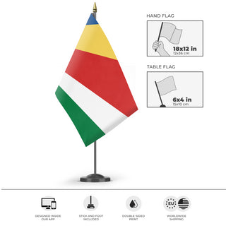 A mockup of the custom flag 'Flag of Seychelles flag' as a desk flag and small hand waving flag