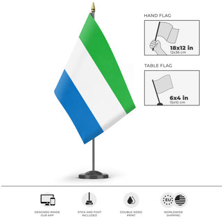 A mockup of the custom flag 'Flag of Sierra Leone flag' as a desk flag and small hand waving flag