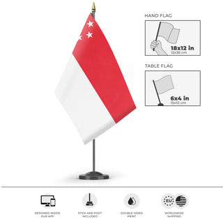 A mockup of the custom flag 'Flag of Singapore flag' as a desk flag and small hand waving flag