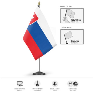 A mockup of the custom flag 'Flag of Slovakia flag' as a desk flag and small hand waving flag