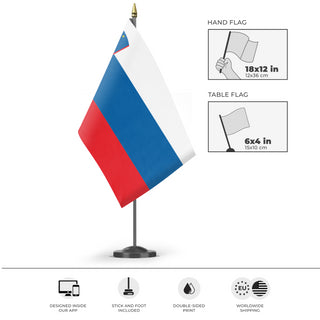 A mockup of the custom flag 'Flag of Slovenia flag' as a desk flag and small hand waving flag