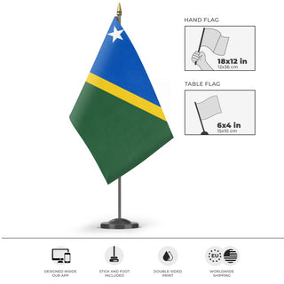 A mockup of the custom flag 'Flag of Solomon Islands flag' as a desk flag and small hand waving flag