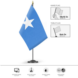 A mockup of the custom flag 'Flag of Somalia flag' as a desk flag and small hand waving flag