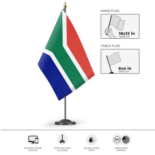 A mockup of the custom flag 'Flag of South Africa flag' as a desk flag and small hand waving flag