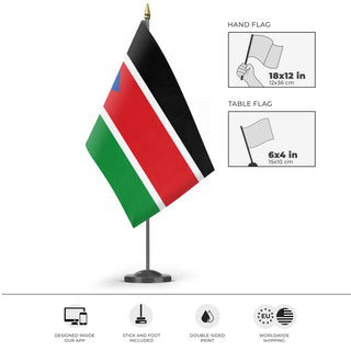 A mockup of the custom flag 'Flag of South Sudan flag' as a desk flag and small hand waving flag