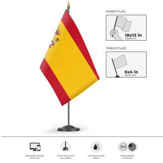 A mockup of the custom flag 'Flag of Spain flag' as a desk flag and small hand waving flag