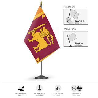 A mockup of the custom flag 'Flag of Sri Lanka flag' as a desk flag and small hand waving flag