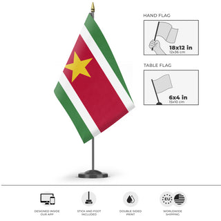 A mockup of the custom flag 'Flag of Suriname flag' as a desk flag and small hand waving flag