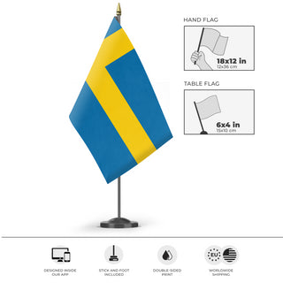 A mockup of the custom flag 'Flag of Sweden flag' as a desk flag and small hand waving flag