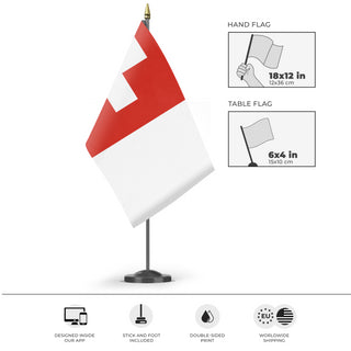A mockup of the custom flag 'Flag of Switzerland flag' as a desk flag and small hand waving flag