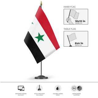 A mockup of the custom flag 'Flag of Syria flag' as a desk flag and small hand waving flag