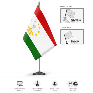A mockup of the custom flag 'Flag of Tajikistan flag' as a desk flag and small hand waving flag