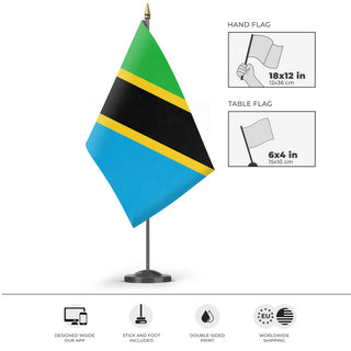A mockup of the custom flag 'Flag of Tanzania flag' as a desk flag and small hand waving flag