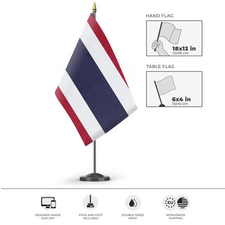 A mockup of the custom flag 'Flag of Thailand flag' as a desk flag and small hand waving flag