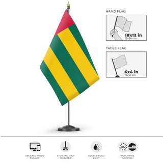 A mockup of the custom flag 'Flag of Togo flag' as a desk flag and small hand waving flag