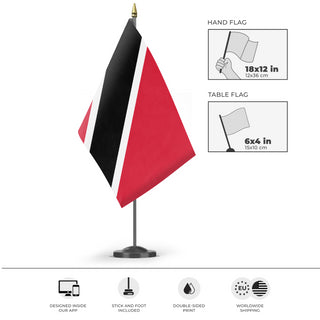 A mockup of the custom flag 'Flag of Trinidad and Tobago flag' as a desk flag and small hand waving flag