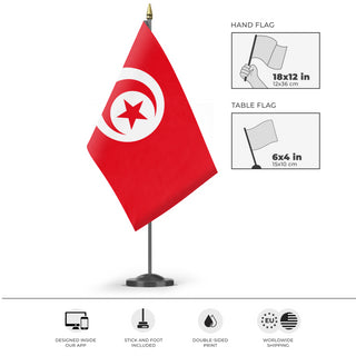 A mockup of the custom flag 'Flag of Tunisia flag' as a desk flag and small hand waving flag