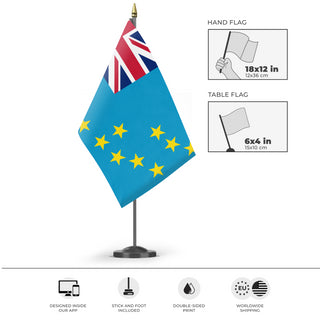 A mockup of the custom flag 'Flag of Tuvalu flag' as a desk flag and small hand waving flag