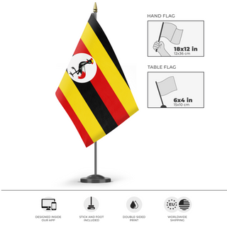 A mockup of the custom flag 'Flag of Uganda flag' as a desk flag and small hand waving flag