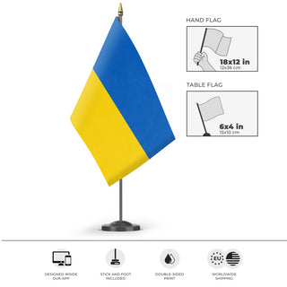 A mockup of the custom flag 'Flag of Ukraine flag' as a desk flag and small hand waving flag