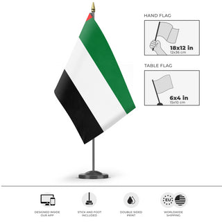 A mockup of the custom flag 'Flag of United Arab Emirates flag' as a desk flag and small hand waving flag