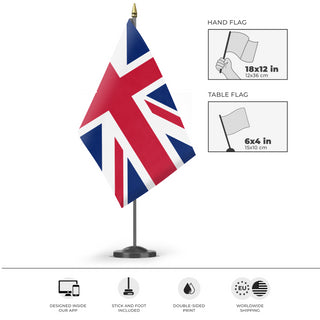 A mockup of the custom flag 'Flag of United Kingdom flag' as a desk flag and small hand waving flag