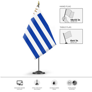 A mockup of the custom flag 'Flag of Uruguay flag' as a desk flag and small hand waving flag