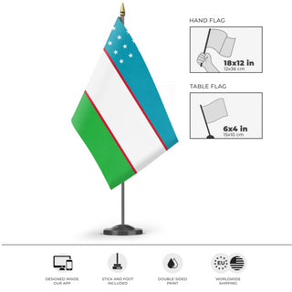 A mockup of the custom flag 'Flag of Uzbekistan flag' as a desk flag and small hand waving flag