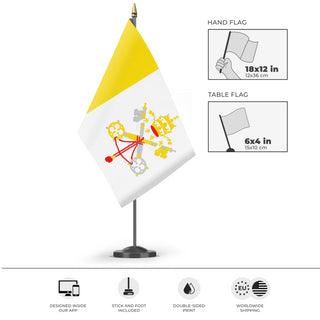 A mockup of the custom flag 'Flag of Vatican City flag' as a desk flag and small hand waving flag