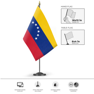 A mockup of the custom flag 'Flag of Venezuela flag' as a desk flag and small hand waving flag