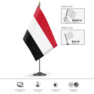 A mockup of the custom flag 'Flag of Yemen flag' as a desk flag and small hand waving flag