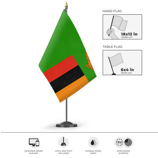 A mockup of the custom flag 'Flag of Zambia flag' as a desk flag and small hand waving flag