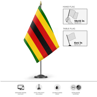 A mockup of the custom flag 'Flag of Zimbabwe flag' as a desk flag and small hand waving flag