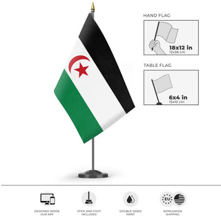 A mockup of the custom flag 'Western Sahara Flag' as a desk flag and small hand waving flag