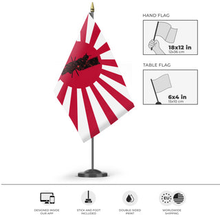 A mockup of the custom flag 'Samurai Flag' as a desk flag and small hand waving flag