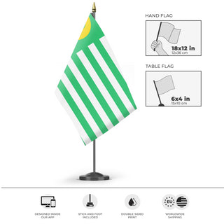 A mockup of the custom flag 'Ecology Flag' as a desk flag and small hand waving flag