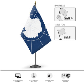 A mockup of the custom flag 'Antarctica Flag' as a desk flag and small hand waving flag