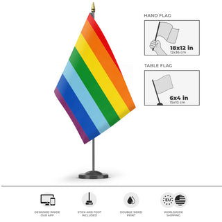 A mockup of the custom flag 'Quechuas of Bolivia and Peru Flag' as a desk flag and small hand waving flag